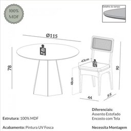 Conjunto Sala de Jantar Mesa Lisboa Hexagonal Off White/freijó com 4 Cadeiras Palha Sintética 100% M - 3