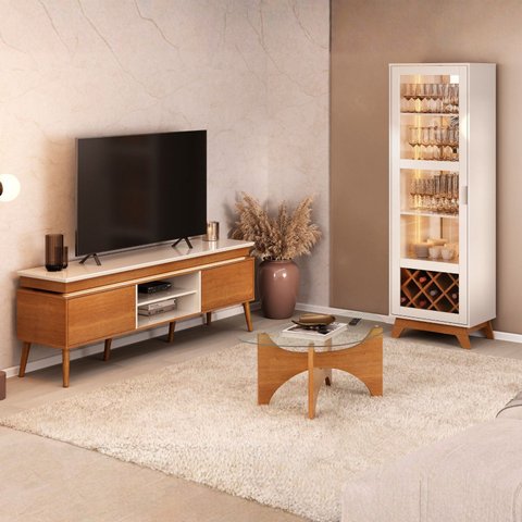Conjunto Sala Estar Mesa de Centro Levitá Rack Lumina e Cristaleira Mirage Marrom Cinamomo/Off White