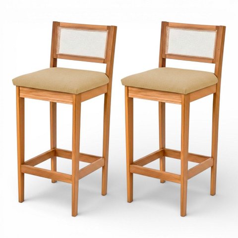 Kit 02 Banquetas Altas Brunella 99cm com Encosto Telinha Estilo Palha Linho Palha - Abmaza