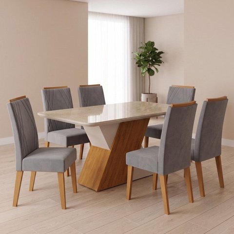 Conjunto Sala de Jantar 6 Lugares Vidro Rubi e 6 Cadeiras Madeira Maciça Vegas Bege/Cinza Yescasa