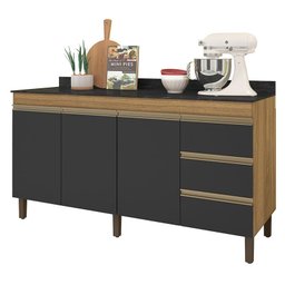 Balcão Karen 159cm 2 Portas 3 Gavetas Nature/Preto com Tampo MDP - Peternella Móveis - 1