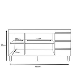Balcão Karen 159cm 2 Portas 3 Gavetas Nature/Preto com Tampo MDP - Peternella Móveis - 3