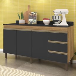 Balcão Karen 159cm 2 Portas 3 Gavetas Nature/Preto com Tampo MDP - Peternella Móveis - 2