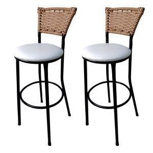Kit 2 Banquetas Bistrô Aço Junco Sintético Marfim Assento Branco 