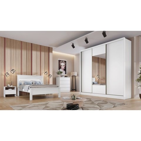 Guarda Roupa Casal com Espelho 3 Portas 4 Gavetas - Arezzo Plus-branco - Móveis Novo Horizonte