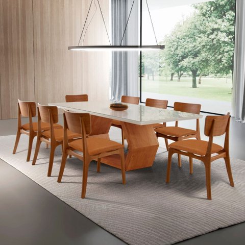 Sala de Jantar Mesa Ane 220cm Tampo Laqueado com Vidro Canto Moeda e 8 Cadeiras Viena Gold