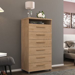 Cômoda Veneza 6 Gavetas Amendoa com Nicho e Rodízios