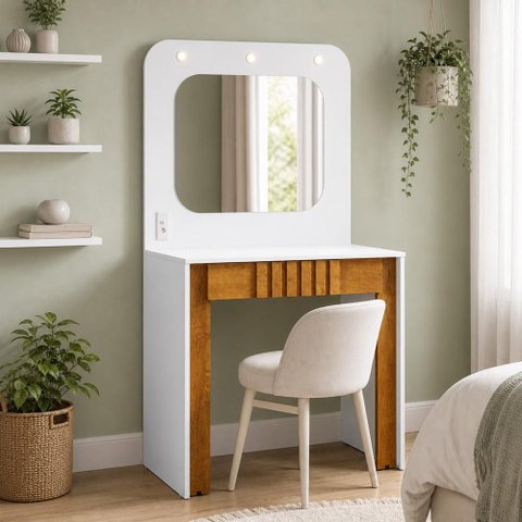 Penteadeira Camarim com LED e Espelho 1 Gaveta Ripada 90cm Blush B02 Branco Naturalle - Lyam Decor