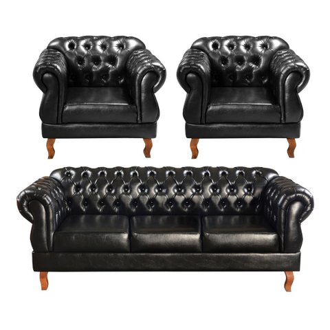 Sofá Chesterfield 3 Lugares Com 2 Poltronas Decorativa Duquesa - Couríssimo Preto