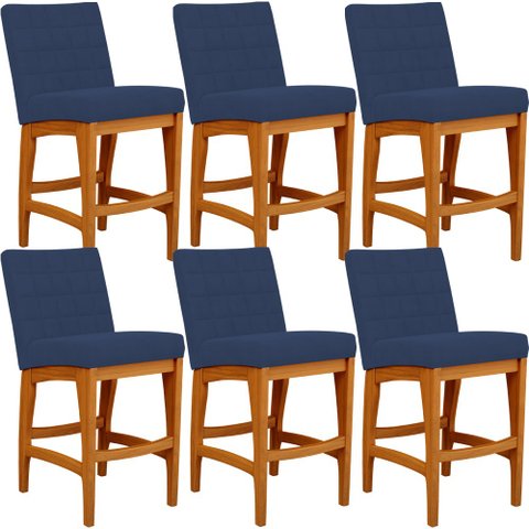 Kit 06 Banqueta Baixa Cozinha Bancada Bar Sala Jantar Fixa Mila L02 Suede Azul Marinho - Lyam Decor 