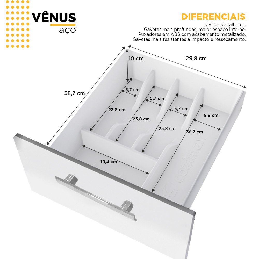 Gabinete de Cozinha para Pia 120 em Aço Vênus 3 Gavetas Branco