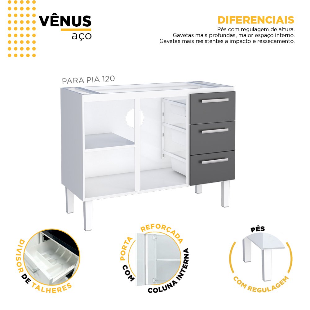 Gabinete de Cozinha para Pia 120 em Aço Vênus 3 Gavetas Branco