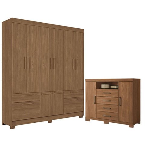 Guarda Roupa Casal 8 Portas Curitiba e Cômoda Havana Master com Pés Jatobá Acetinado - Santos Andirá