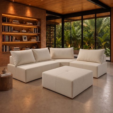 Sofá de Canto Modulado com Puff e Base Madeira Maciça 270CMX220CM Lisboa