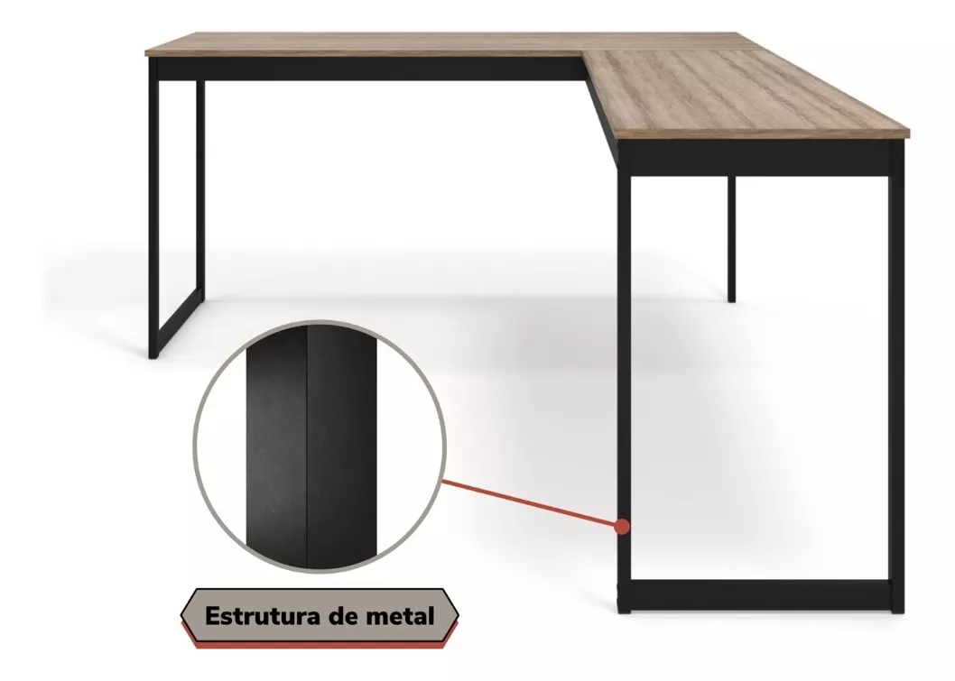 Escrivaninha Mesa em L 150x150cm Madeira Móveis Industrial Magno Laminado com Preto - 6