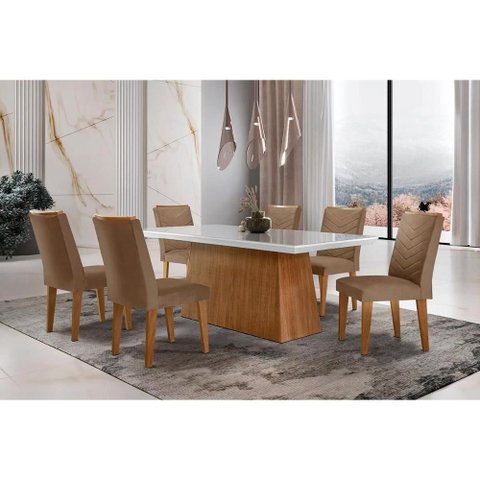 Conjunto: Mesa Sala Jantar Luna c/ Tampo de Vidro Canto Curvo 180x90cm e 6 Cadeiras Londrina Imbuia/