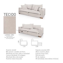 Sofá Veneza Retrátil Reclinável com Molas Ensacadas no Assento Tecido Linho Cru 2,10m - 4