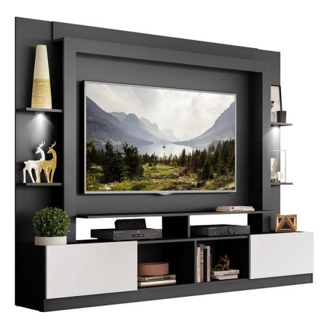 Estante Com Suporte Tv 65" E Leds Berlim Multimóveis V3384 Preta/Branca Preto/Branco