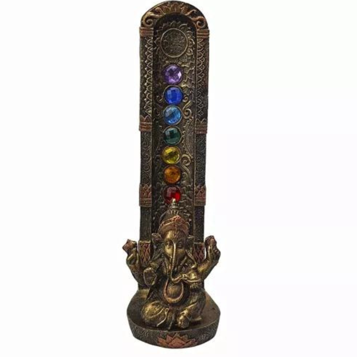 Incensário - Ganesha 7 Chakras - Vertical - Queimador de Incenso - Resina Dourado - 21cm