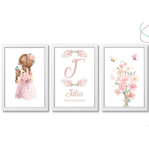 Quadros Decorativos Infantil Menina Aquarela Flores Cachorro:branca
