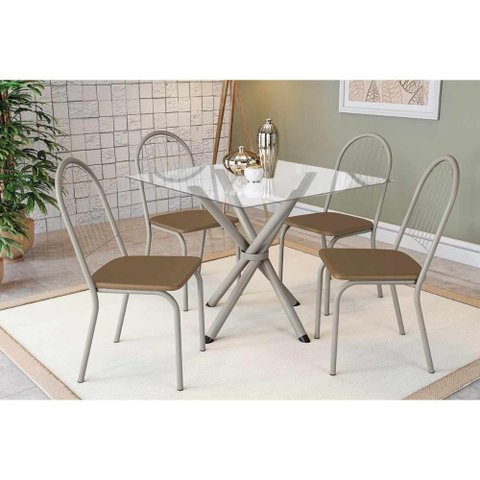 Conjunto: Mesa Sala Jantar Volga C/ Tampo de Vidro 90cm e 4 Cadeiras Noruega Niquel - Courano