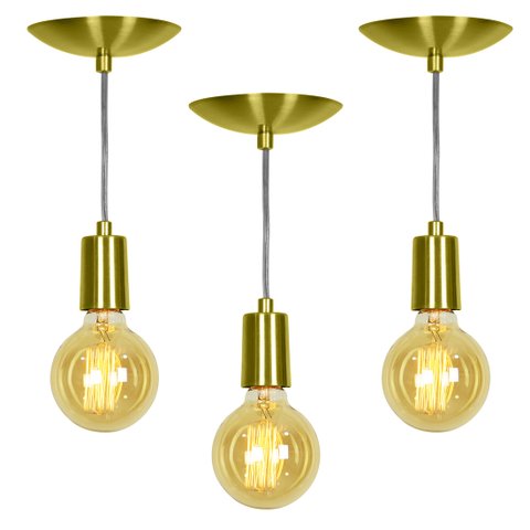 Kit 3 Pendente Tubo Cilindro Alumínio Dourado Fio 120cm