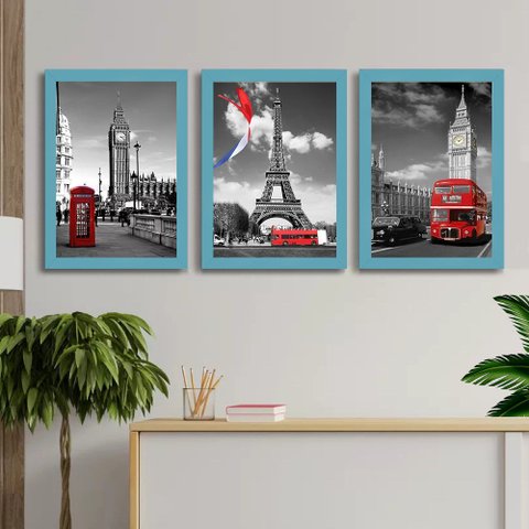 Quadro Decorativo City Paris London + Vidro 33x25 3pç Quarto:azul