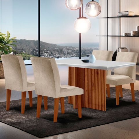 Sala de Jantar Mesa Olimpia 120 Tampo em Mdf Canto Copo com 4 Cadeiras Grecia