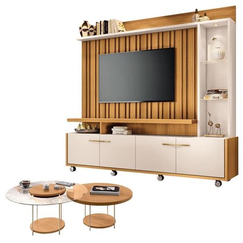Estante Home Theater Titan Off White Cinamomo e Kit Mesa de Centro Sky Cinamomo - Hb Móveis