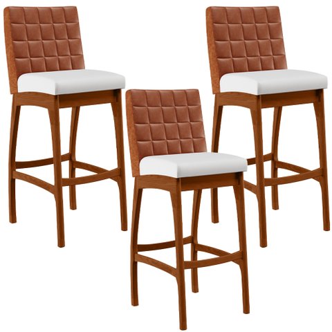 Kit 03 Banquetas Altas Cozinha Sala Jantar Fixa Mila B04 Couríssimo Camel Corano Branco - Lyam