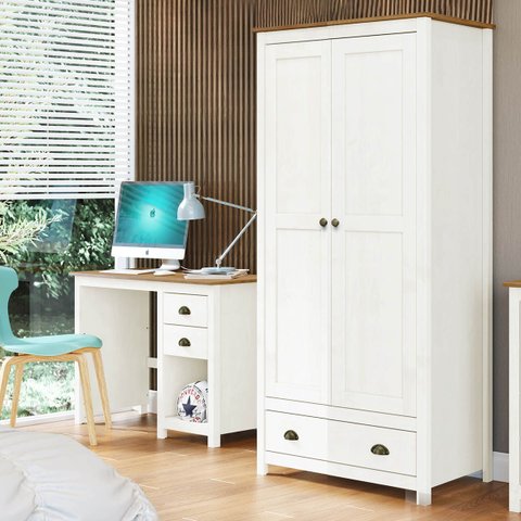 Conjunto Quarto Guarda-Roupa 2 Portas, Escrivaninha 2 Gavetas Branco/Freijó Topázio Madeira Pinus - 