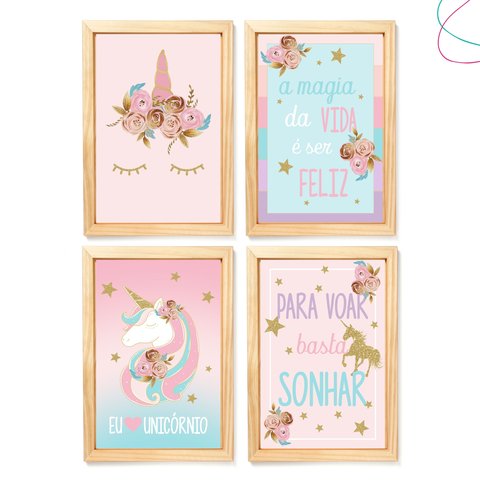 Kit com 4 Quadros Decorativos Infantil para Quarto Unicórnio:pinus