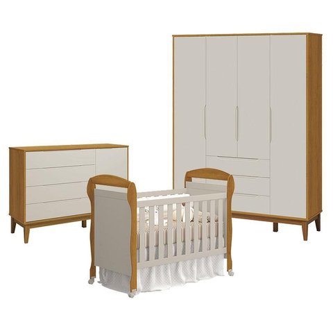Quarto de Bebê 4 Portas com Cômoda com Porta Elfe Classic e Berço Americano Danny Areia Savana Aceti