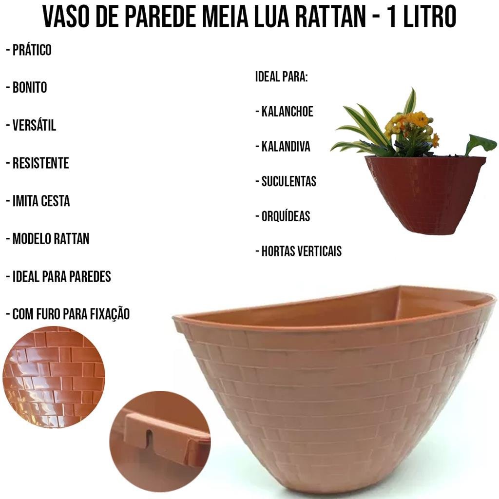 24 Vasos Meia Lua Rattan Jardim Horta Vertical 1 L Ceramica - 3