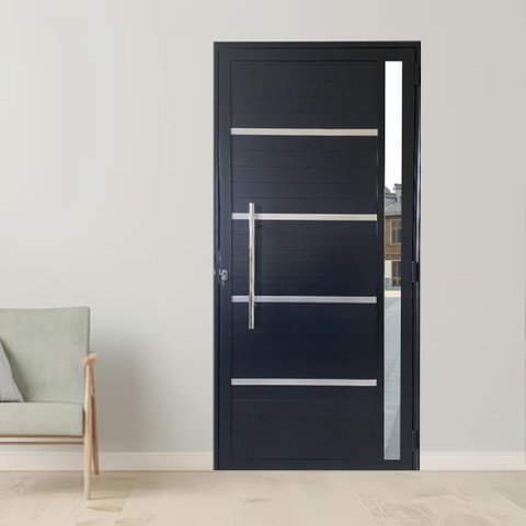 Porta Lambril com Puxador, Friso e Vidro Alumínio Preto Linha Veneza:Esquerda/ 210 x 80