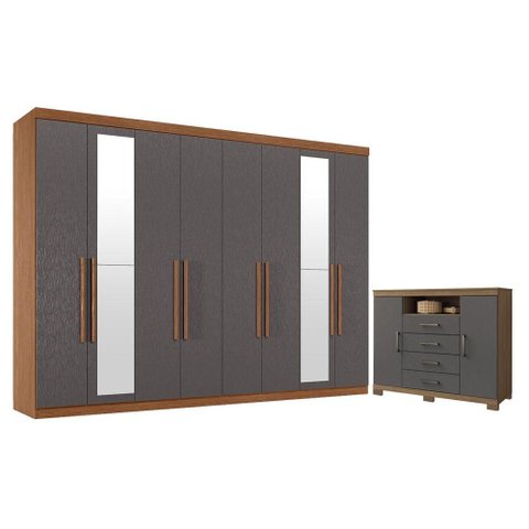 Guarda Roupa Casal 8 Portas 4 Gavetas Master New com Espelho e Cômoda Havana Master com Pés Jatob