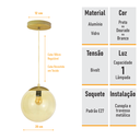 Ver imagem 5 de Pendente Globo Esfera de Vidro Âmbar 20cm - Ouro