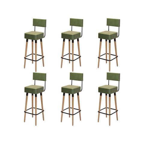 Kit 6 Banquetas Banco Alto Barcelona Couro Verde Bar Cozinha Pés Madeira Ms Decor