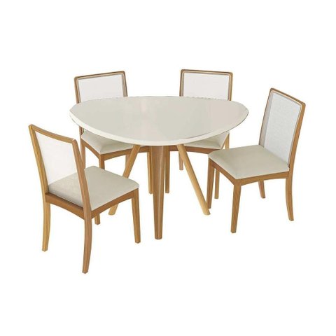 Conjunto Mesa Duna Premium Madeira Maciça C/ Tampo Madeirado C/ Vidro 135x105cm e 4 Cadeiras Lara