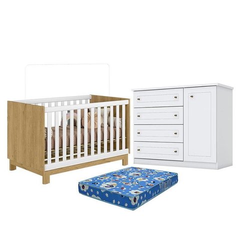 Berço Americano Mini Cama Q Encanto Slim Freijó Branco Acetinado - Qmovi e Cômoda Infantil Americano