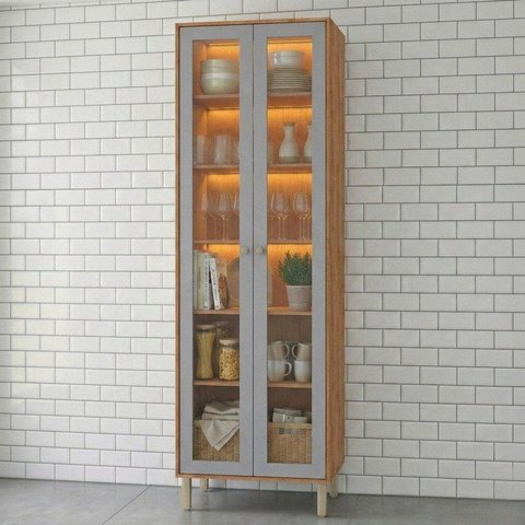 Cristaleira com LED 2 Portas Reflecta 70 cm Divina Brilhante Celeste Cinamomo/Platina