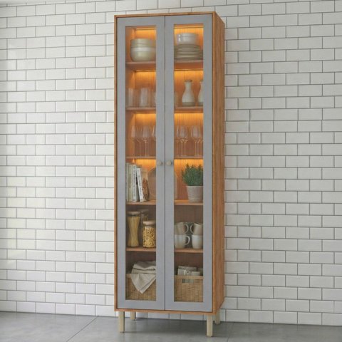 Cristaleira com LED 2 Portas Reflecta 70 cm Divina Brilhante Celeste Bege/Cinamomo/Platina
