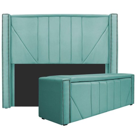 Kit Cabeceira E Calçadeira Baú Queen 160cm Azul Tiffany