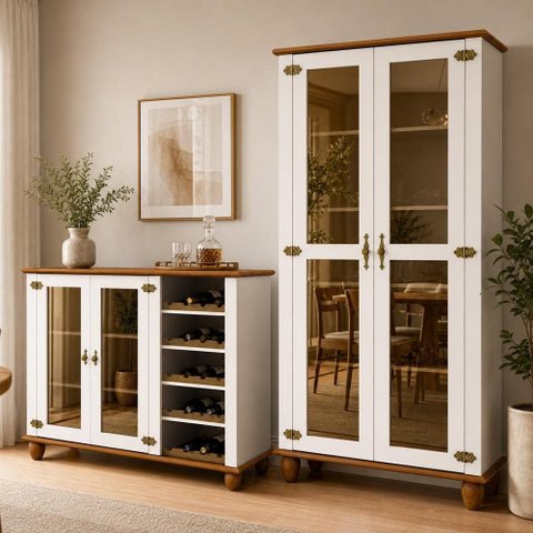 Kit Aparador Buffet Adega 135cm com Cristaleira 2 Portas Vidro Alegra S05 Off White Nogueira - Lyam
