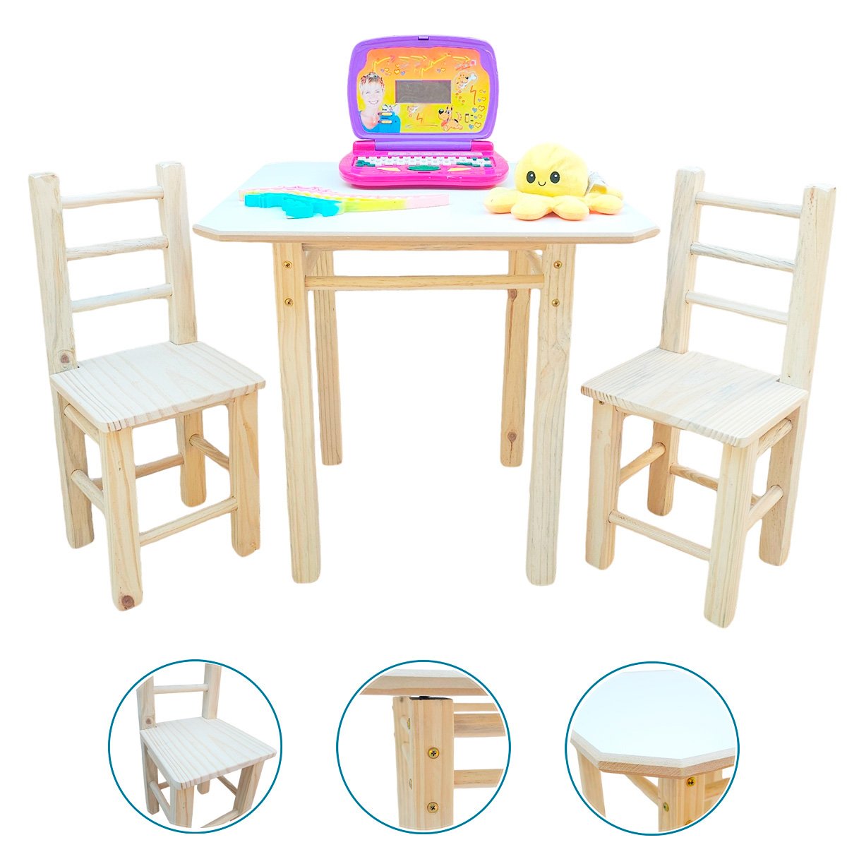 Conjunto de Mesa com 2 Cadeiras Infantil de Madeira Maciça Resistente