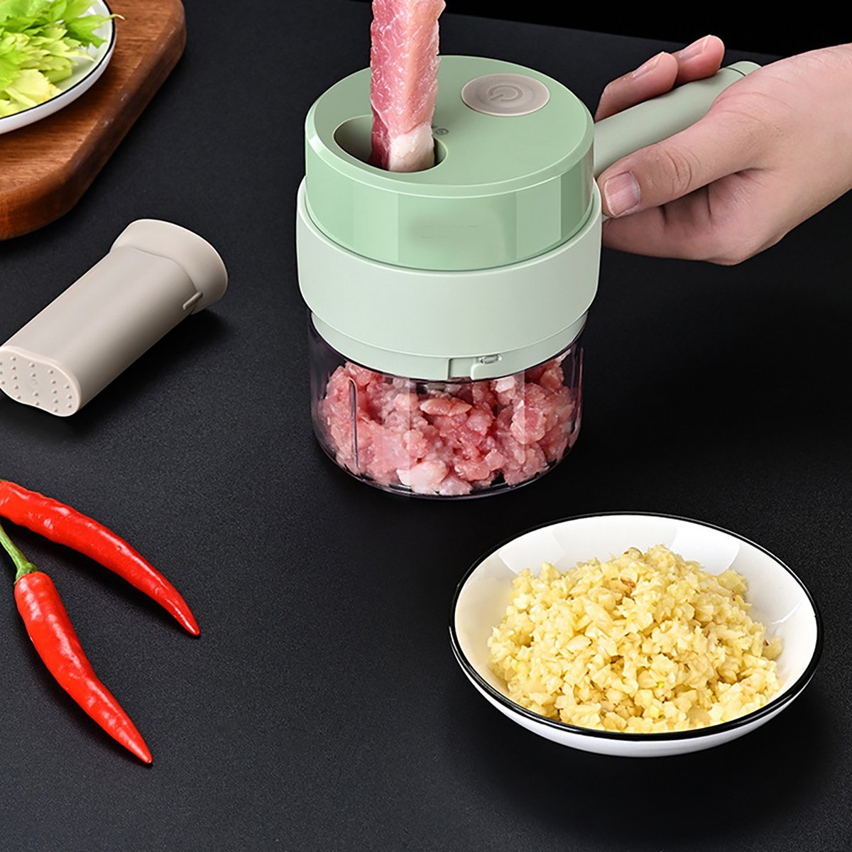 Mini Processador Alimentos 2x1 Triturador Fatiador Legumes Carnes Portátil Recarregável - 3