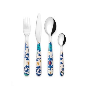 Jogo de Talheres 24 Peças Flower &amp; Lemon - Inox Cirúrgico Austenítico - Azul Mediterrâneo - Guzz