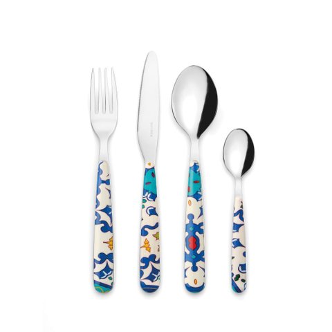Jogo de Talheres 24 Peças Flower & Lemon - Inox Cirúrgico Austenítico - Azul Mediterrâneo - Guzz