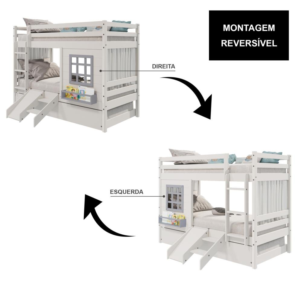 Treliche Infantil com Janela Escorregador e Cortina Madeira Maciça Branco/ Cinza Housin - 6