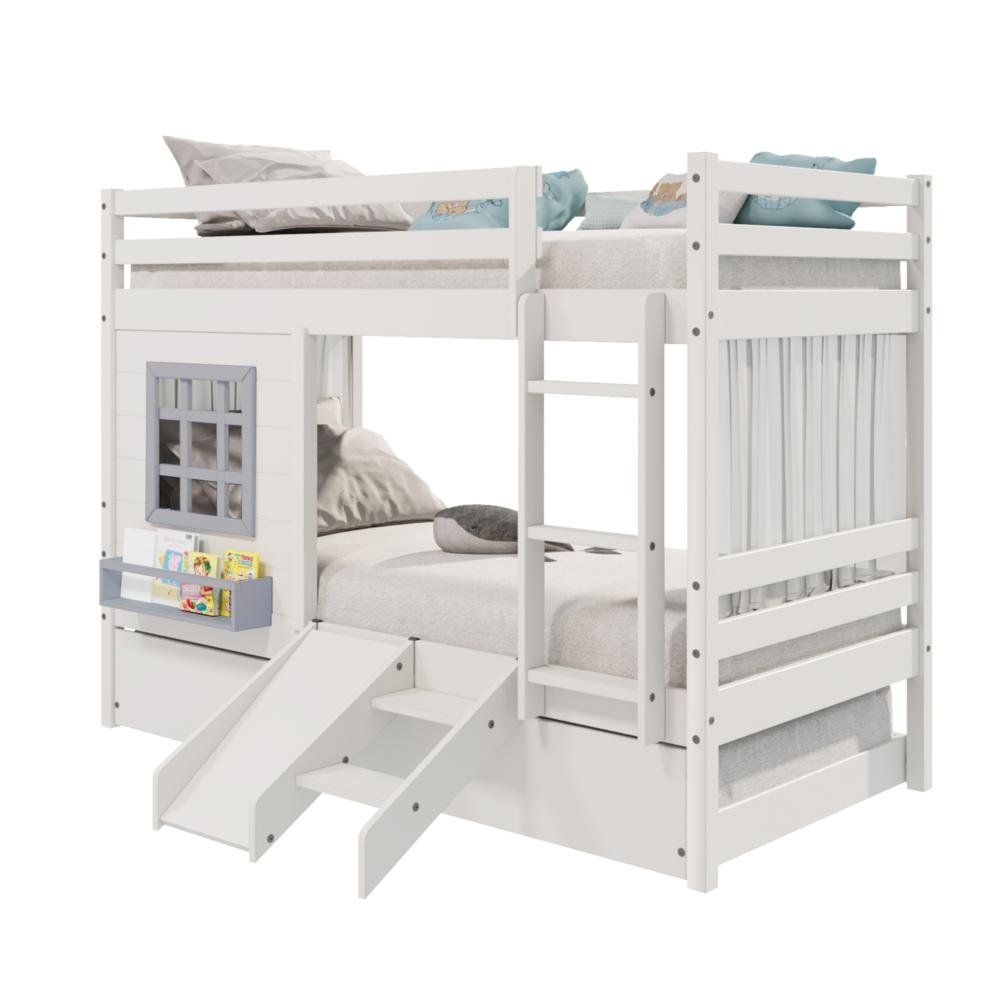 Treliche Infantil com Janela Escorregador e Cortina Madeira Maciça Branco/ Cinza Housin - 3